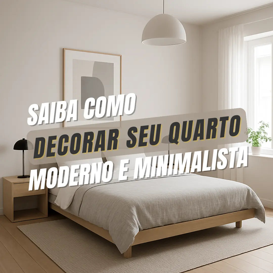 Como decorar quarto de casal moderno e minimalista, com cama de madeira clara, tapete em tons neutros, luz natural suave e decoração simples em branco e bege.
