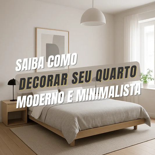 Como decorar quarto de casal moderno e minimalista, com cama de madeira clara, tapete em tons neutros, luz natural suave e decoração simples em branco e bege.