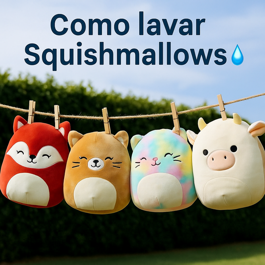 Squishmallows limpos a secar ao sol num estendal